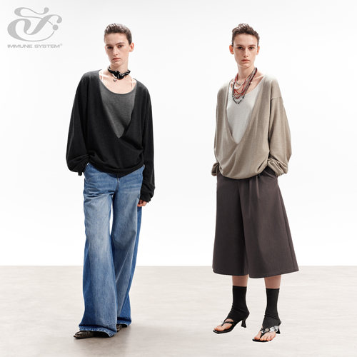 immune system 慵懒叠穿V领拼接假两件羊毛毛衣针织衫