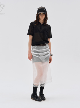 immune system 半透氧气感针织黑色POLO衫短袖上衣纽扣