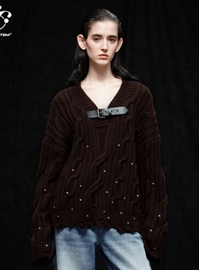 immune system V领皮带装饰铆钉不规则破碎感毛织上衣毛衣
