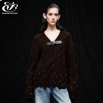 immune system V领皮带装饰铆钉不规则破碎感毛织上衣毛衣