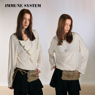 immune system 天丝羊毛两穿手工钉珠捏褶荡领长袖上衣