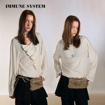 immune system 天丝羊毛两穿手工钉珠捏褶荡领长袖上衣