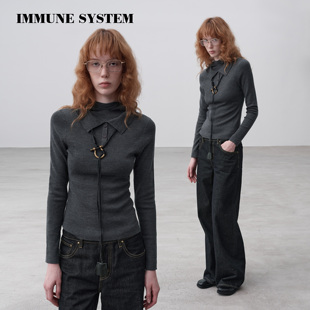 immune system 巴素兰羊毛连帽假两件Polo领长袖毛衣