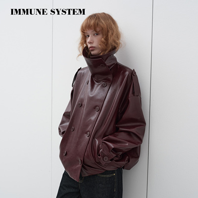immune system 勃艮第红光泽感皮革宽松外套夹克皮衣