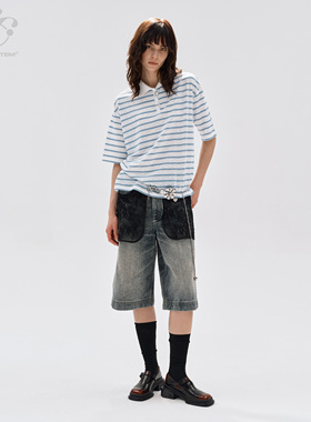 immune system 蓝白蕾丝条纹polo领海军衫t恤