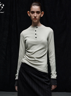 immune system免疫系统  亨利领捏褶斜边假两件修身长袖T恤上衣