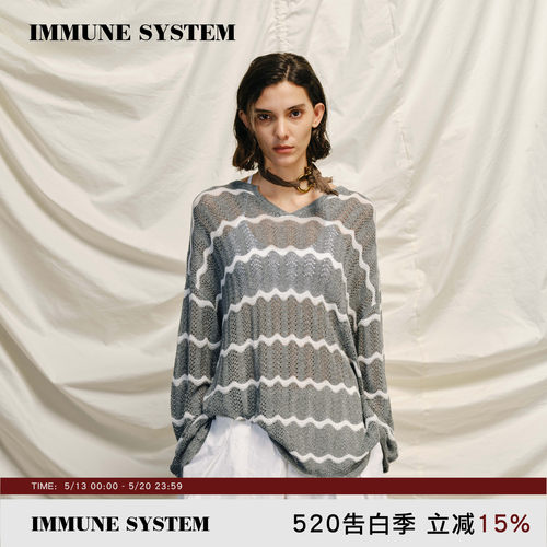 immune system 慵懒针织 灰色海浪条纹镂空编织轻薄针织衫长袖