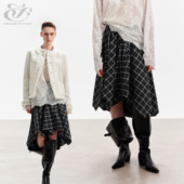 immune 董璇同款 system黑白格纹不规则可叠穿飘逸半身裙