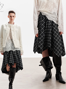 【董璇同款】immune system黑白格纹不规则可叠穿飘逸半身裙