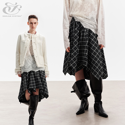 【董璇同款】immune system黑白格纹不规则可叠穿飘逸半身裙