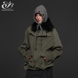 immune system 立领多造型系带羊毛短外套毛呢大衣