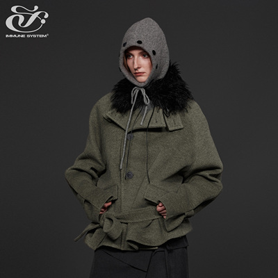 immune system 立领多造型系带羊毛短外套毛呢大衣