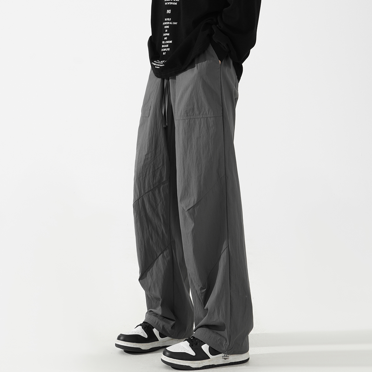 1016-K039-P55宽松褶皱阔型休闲抽绳基础款工装长裤户外登山裤子，男装工装外套，星座1016