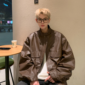 1016-PY01-P98 美式复古棕色皮夹克cleanfit美拉德拉链机车pu皮衣图片