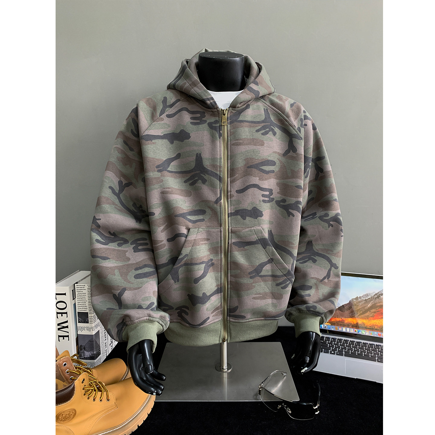 1016-WY605-P65美式复古迷彩户外连帽卫衣嘻哈情侣外套,女装短外套,星座1016