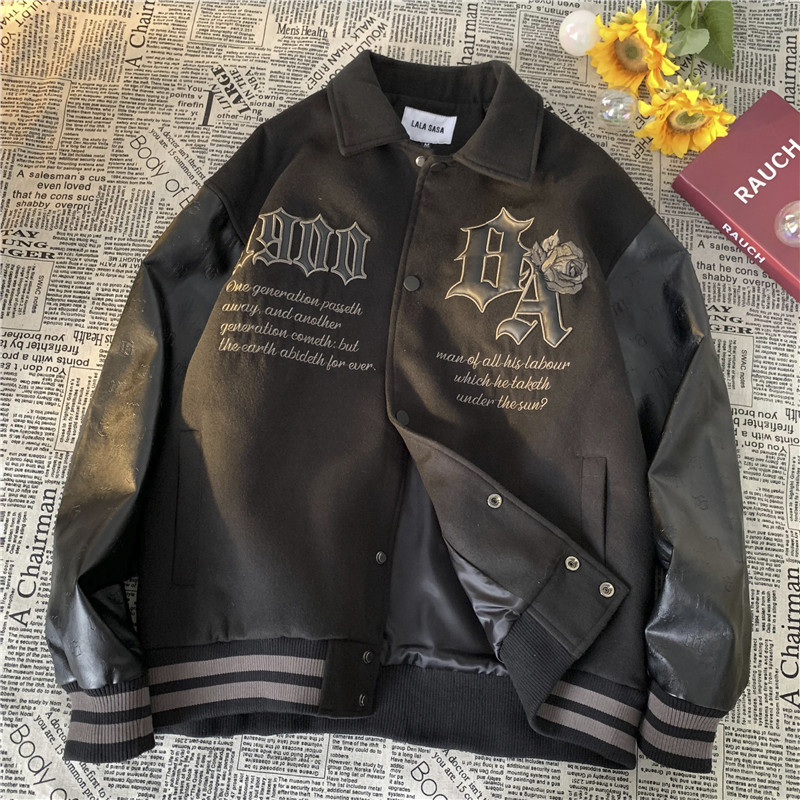 1016-BW50-P118美式潮牌棒球服皮袖拼接刺绣落肩夹克单排扣外套,男装夹克,星座1016