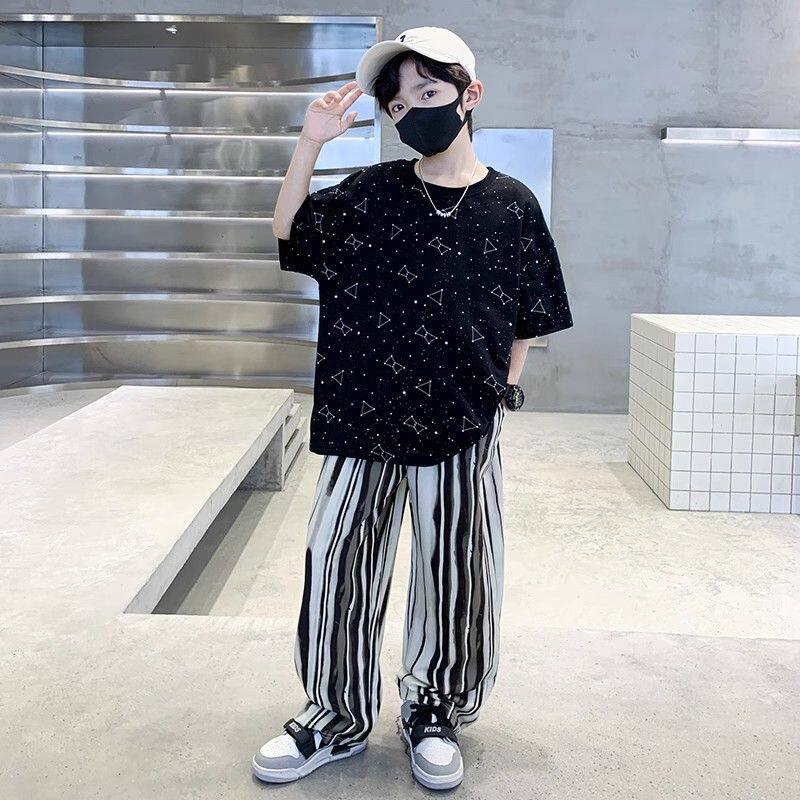 男童短袖t恤夏季2026新款男孩帅气时髦纯棉夏装长裤套装儿童潮酷T