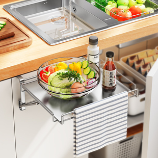 可折叠台面置物架整体橱柜门不锈钢厨房悬挂桌板收纳辅助台隔板锅