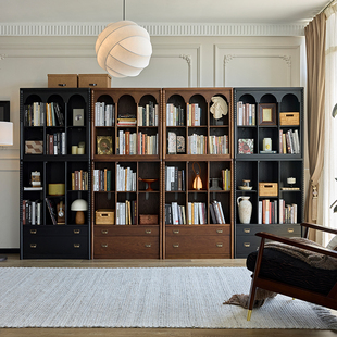 法式复古书柜巢趣实木整墙书架 客厅满墙书柜高低柜组合