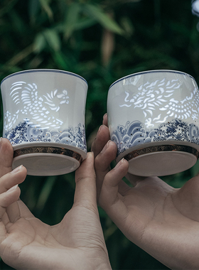 玉柏玲珑瓷龙凤呈祥对杯高档包装景德镇功夫茶杯主人杯单杯品茗杯
