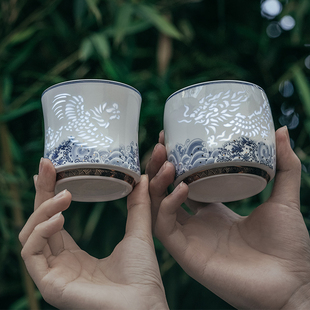 玉柏玲珑瓷龙凤呈祥对杯高档包装景德镇功夫茶杯主人杯单杯品茗杯