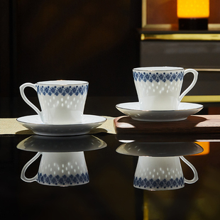 玉柏青花玲珑瓷一杯一碟中式茶具单人茶杯景德镇咖啡杯描金高颜值