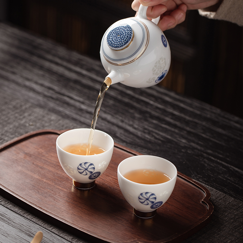 景德镇玉柏玲珑青花陶瓷器一壶两杯户外泡茶旅行茶壶便携茶具套装