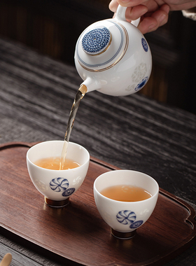景德镇玉柏玲珑青花陶瓷器一壶两杯户外泡茶旅行茶壶便携茶具套装