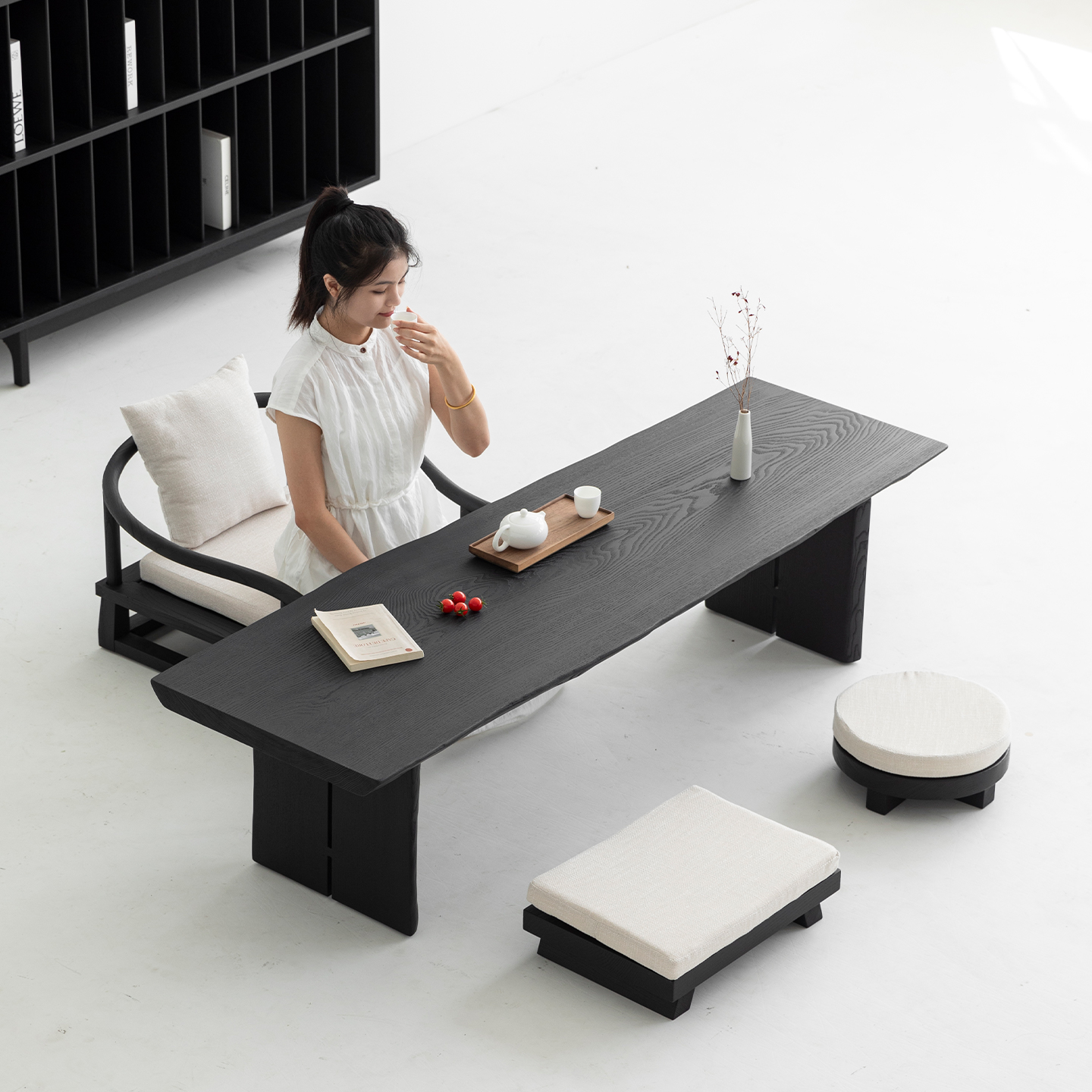 天外云 山涧茶桌 白蜡木榻榻米矮桌黑色实木茶几茶台茶室客厅书桌