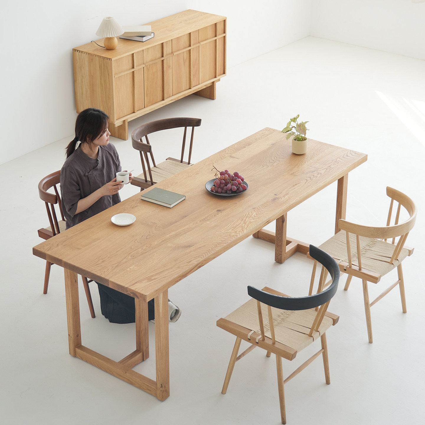 天外云 夕拾餐桌 法国白橡木原木风长条桌实木家用茶几简约长桌