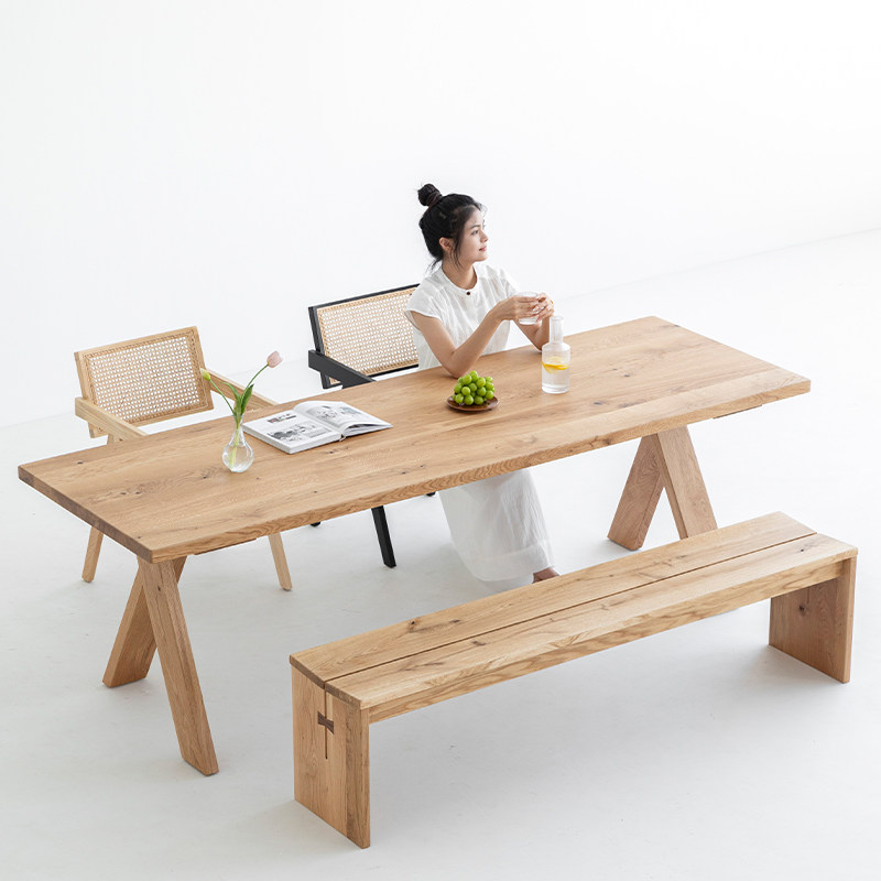 天外云 安町餐桌 法国白橡木侘寂风实木书桌家用原木客厅大板茶桌