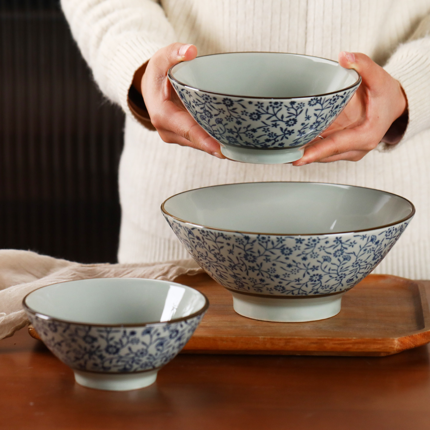 釉下彩陶瓷复古风家用斗笠碗高脚