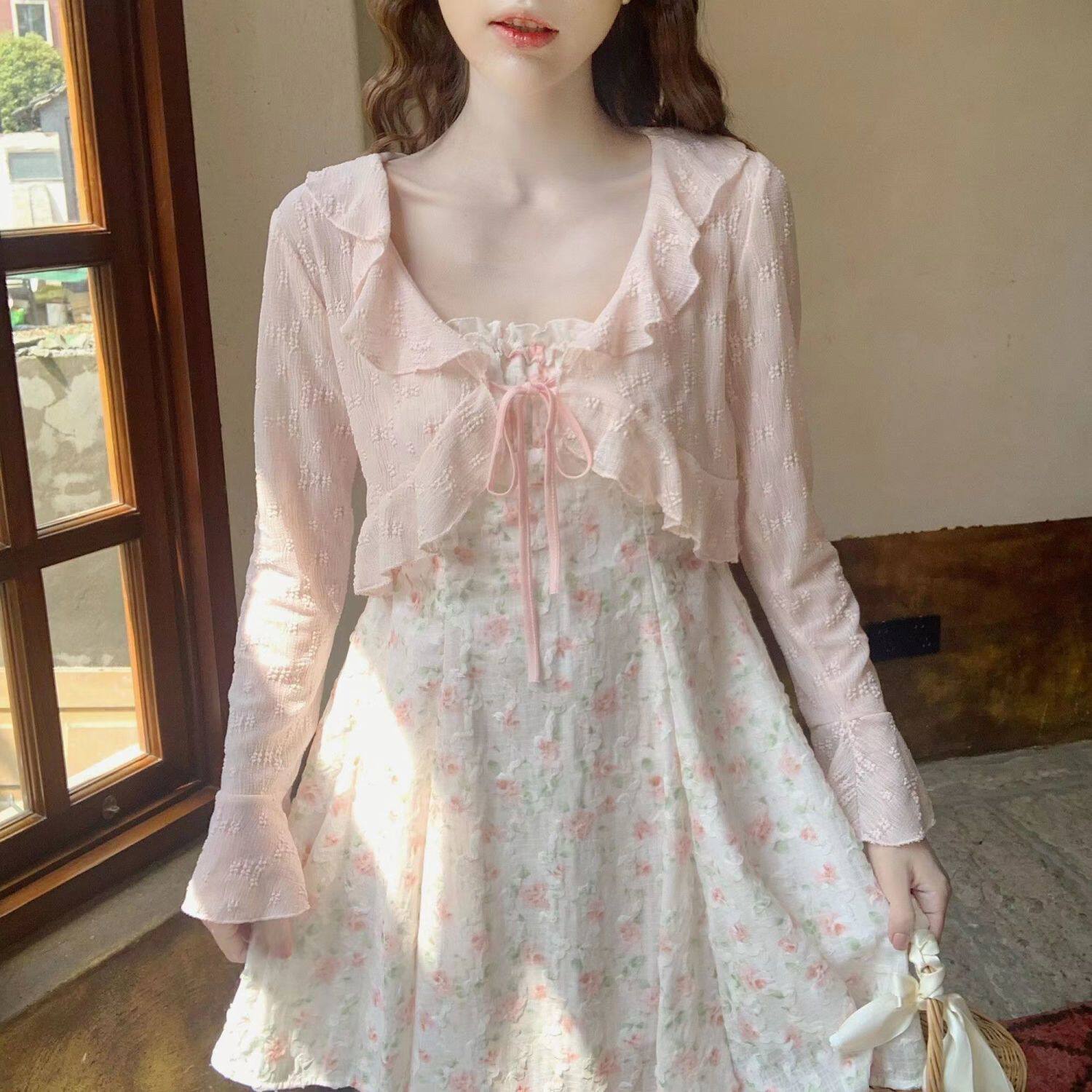 thumbnail for Ruffles, lace, pink, sunscreen, cardigan, women's new summer with sundress, shawl, cover-up, cropped jacket