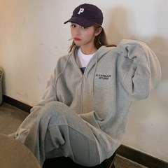 New simple letter embroidered Hoodie loose solid color cardigan zipper Plush sweater