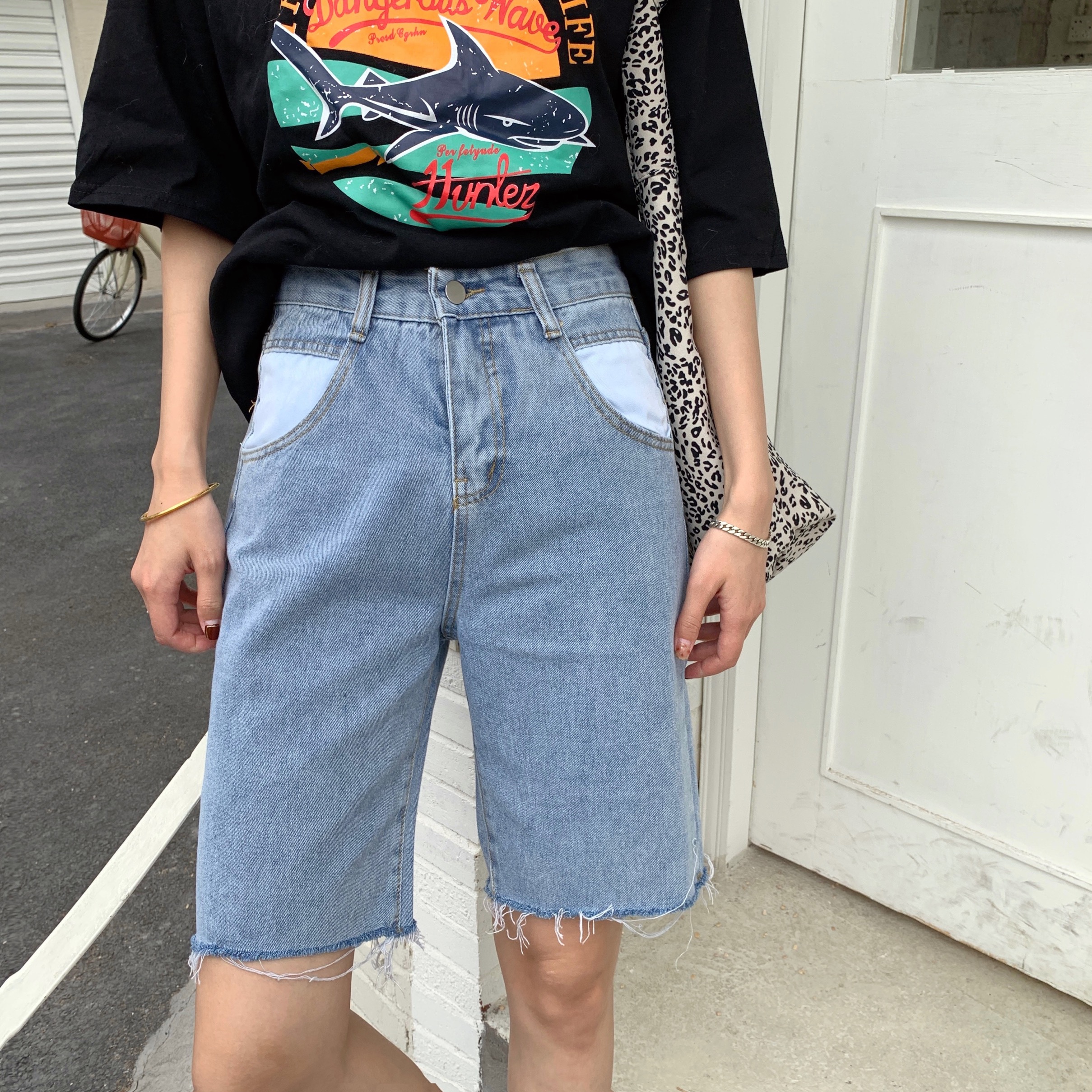 實拍牛仔短褲潮中筒高腰夏季新款熱褲顯瘦直筒五分褲女