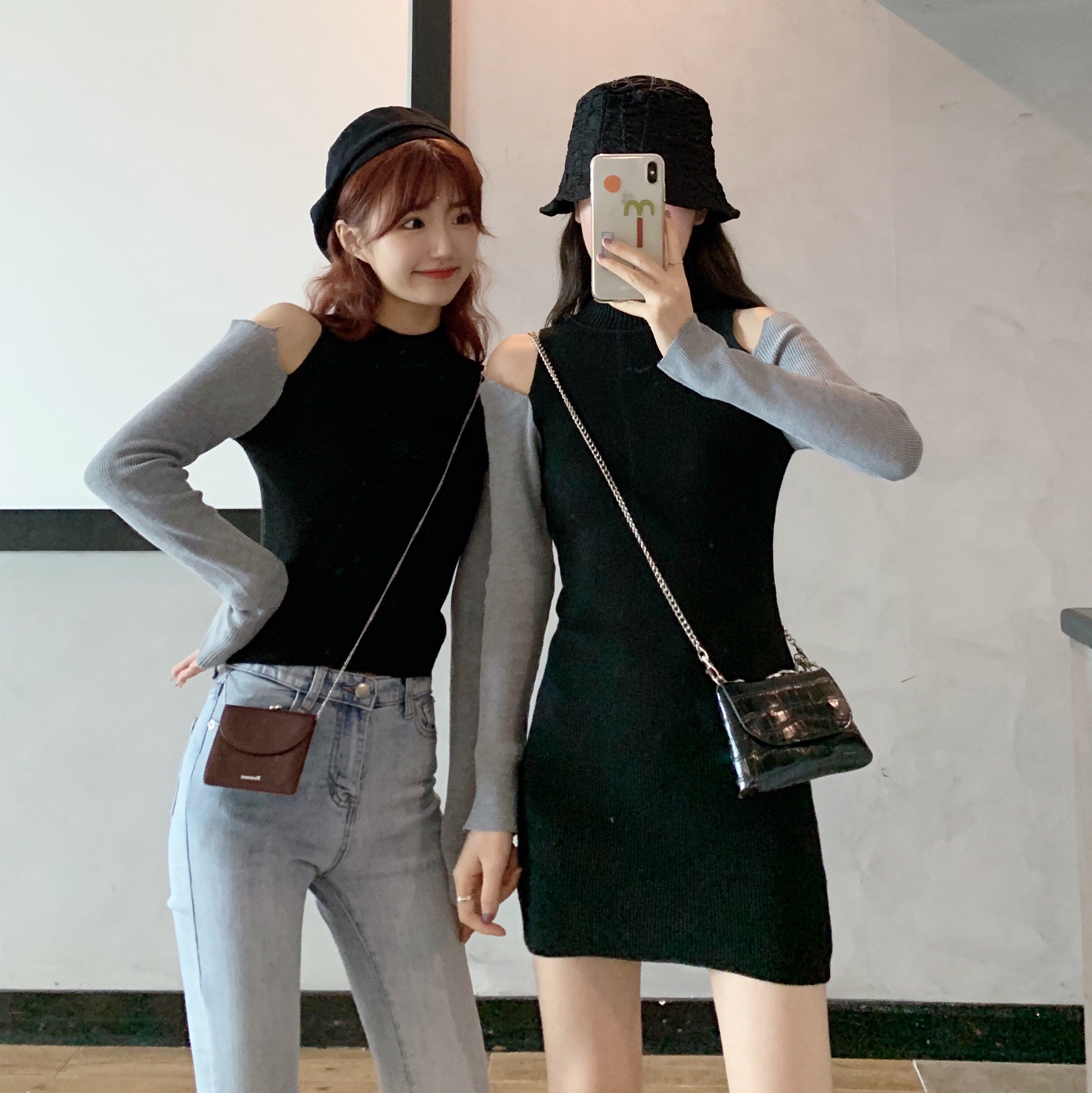 Real shot new color contrast stitching off shoulder long sleeve knitted hip covered boudoir dress with waist closing and thin temperament