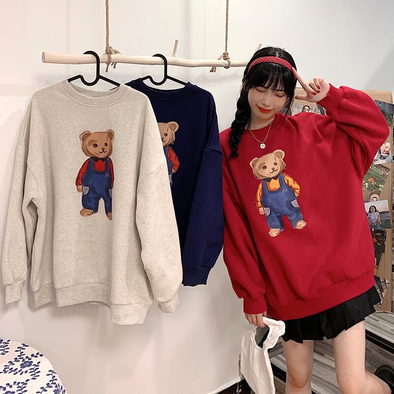 Real shot control 3 Japanese Vintage crew neck Pullover loose cartoon printing Plush thickened sweater student girl