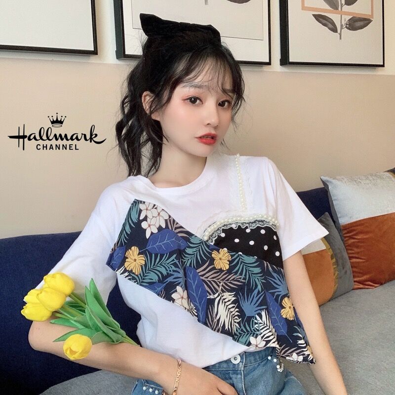 Real shot Korean new design feeling small crowd fake two pieces of mesh stitching loose short sleeve T-shirt