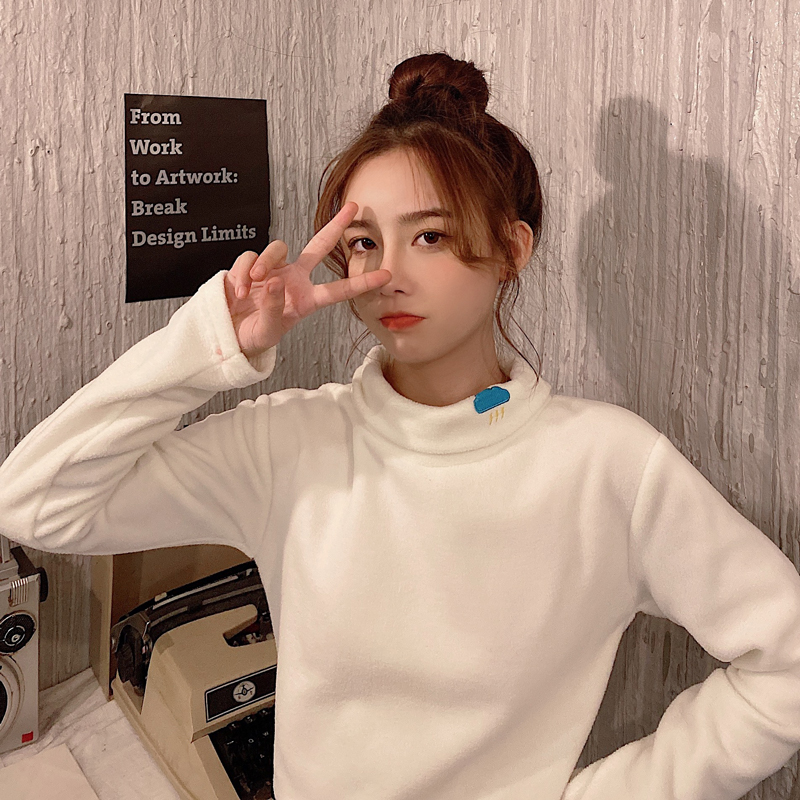 Shooting autumn and winter polar fleece Plush high collar bottoming shirt long sleeve T-shirt women's fashion Korean top