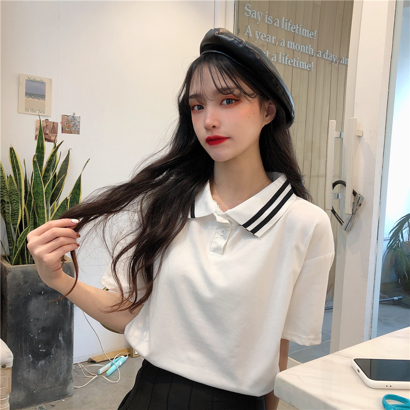 實拍 翻領小眾設計感條紋短袖T恤女polo衫上衣夏