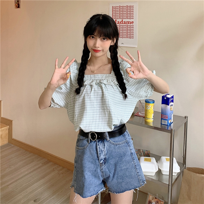 實拍 2021設計感鹽系泡泡袖上衣女格子方領襯衫女