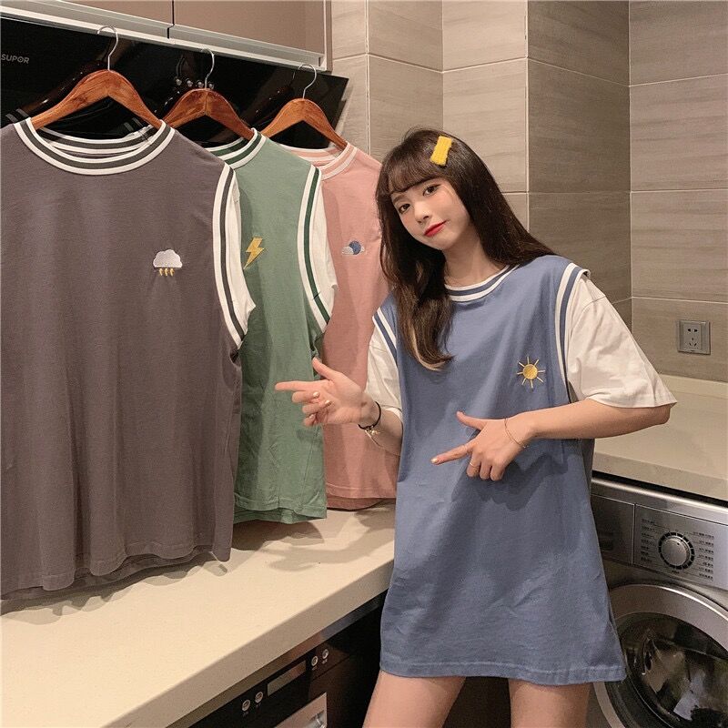 Real shooting summer new Korean fake two short sleeve t-shirts