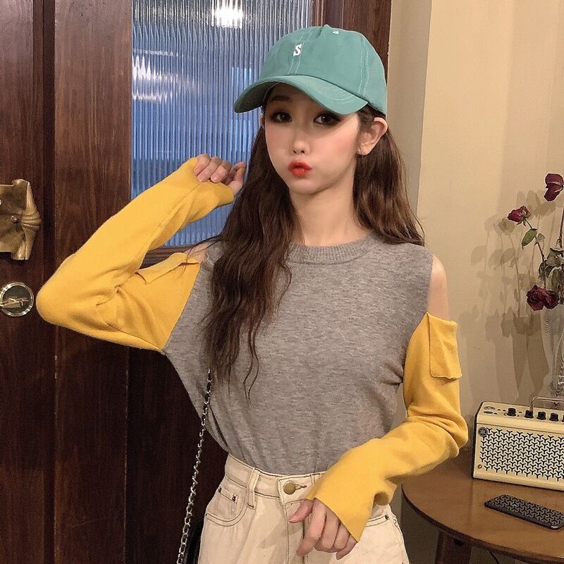 Real shot core spun yarn new Pullover lazy style autumn winter sweater retro Japanese off shoulder knitted bottoming shirt