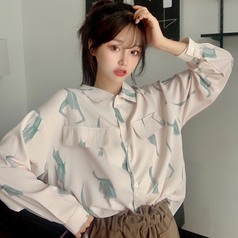 Real shot spring new Korean printing loose Long Sleeve Shirt