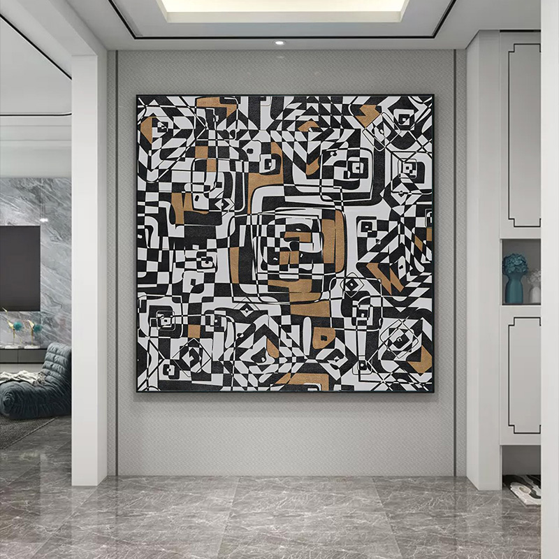 抽象餐厅装饰画轻奢高级感黑白几何正方形客厅挂画侘寂风酒店壁画图片