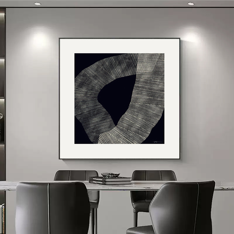 意式极简餐厅装饰画抽象高级感黑白灰客厅挂画现代简约正方形壁画图片