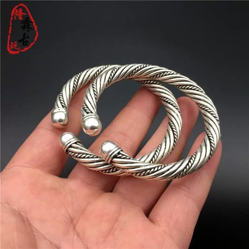 古玩铜器杂项收藏仿古白铜藏银苗银扭丝缠丝麻花开口手镯女款单个