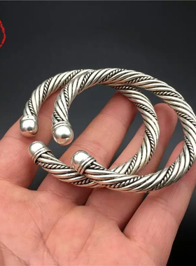 古玩铜器杂项收藏仿古白铜藏银苗银扭丝缠丝麻花开口手镯女款单个