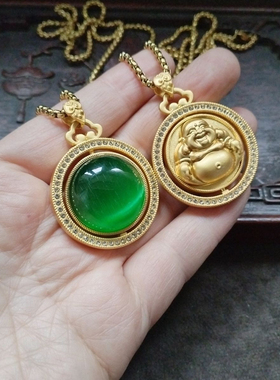金色可转动一面弥勒佛佛公一面绿色猫眼石项链毛衣链配饰饰品