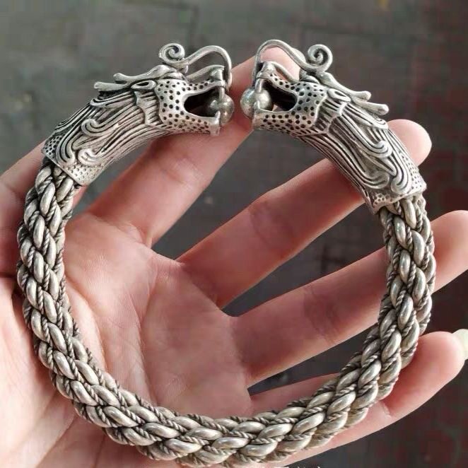 古玩古董老铜器杂项收藏白铜苗银藏银扭丝麻花双龙戏珠手镯手环